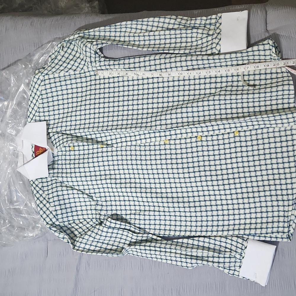 R.L. Lewis Cufflink Dress shirt White Green and Yellow Size 16 34/35